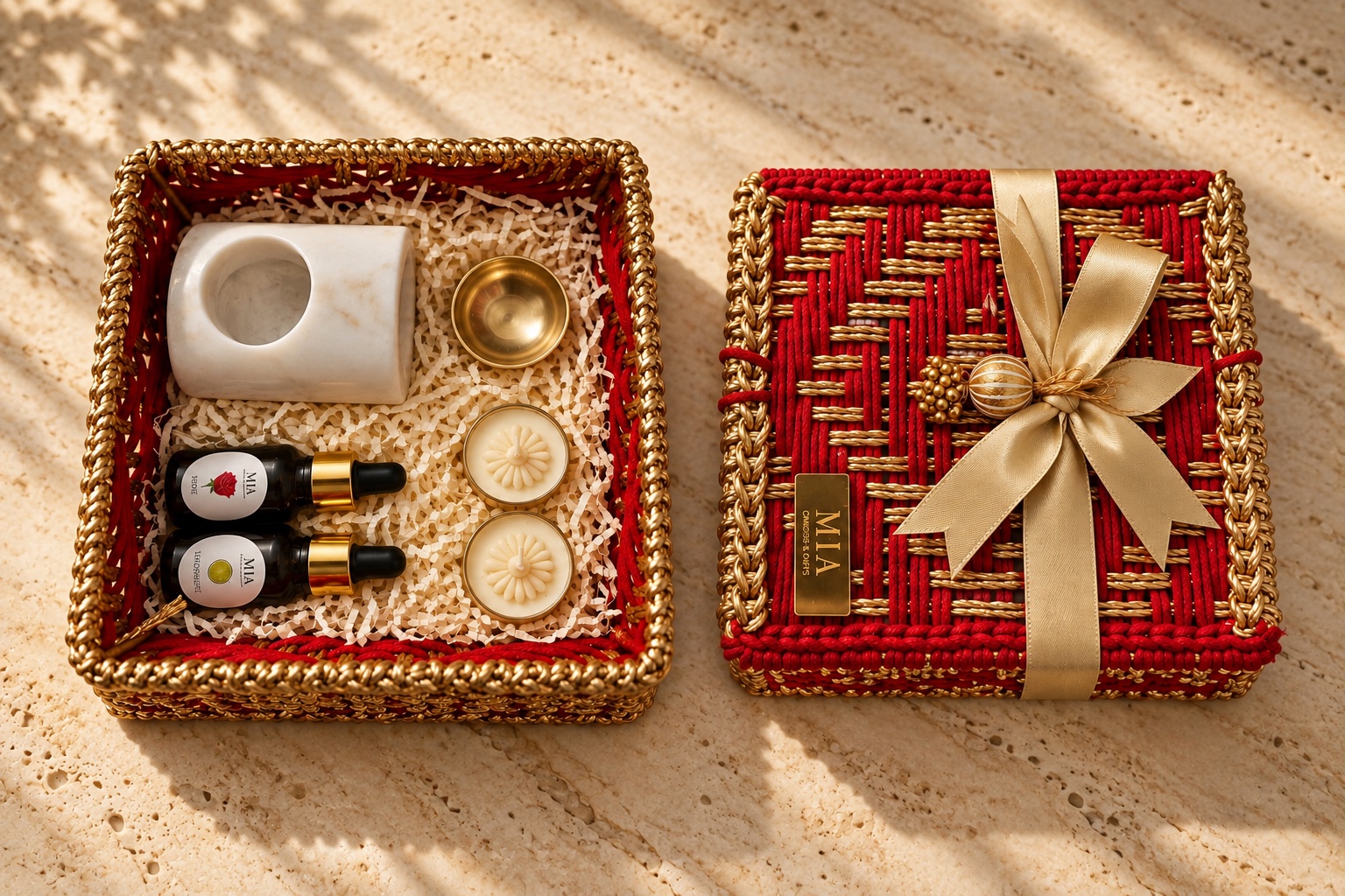 Red and gold woven MIA gift box, white burner, two fragrance bottles and two floral candles