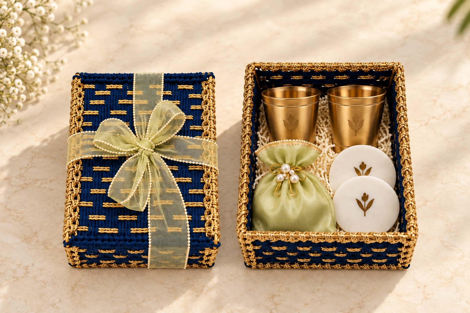 Navy and gold woven gift box with two lotus tumblers, ivory pieces and a sage pouch