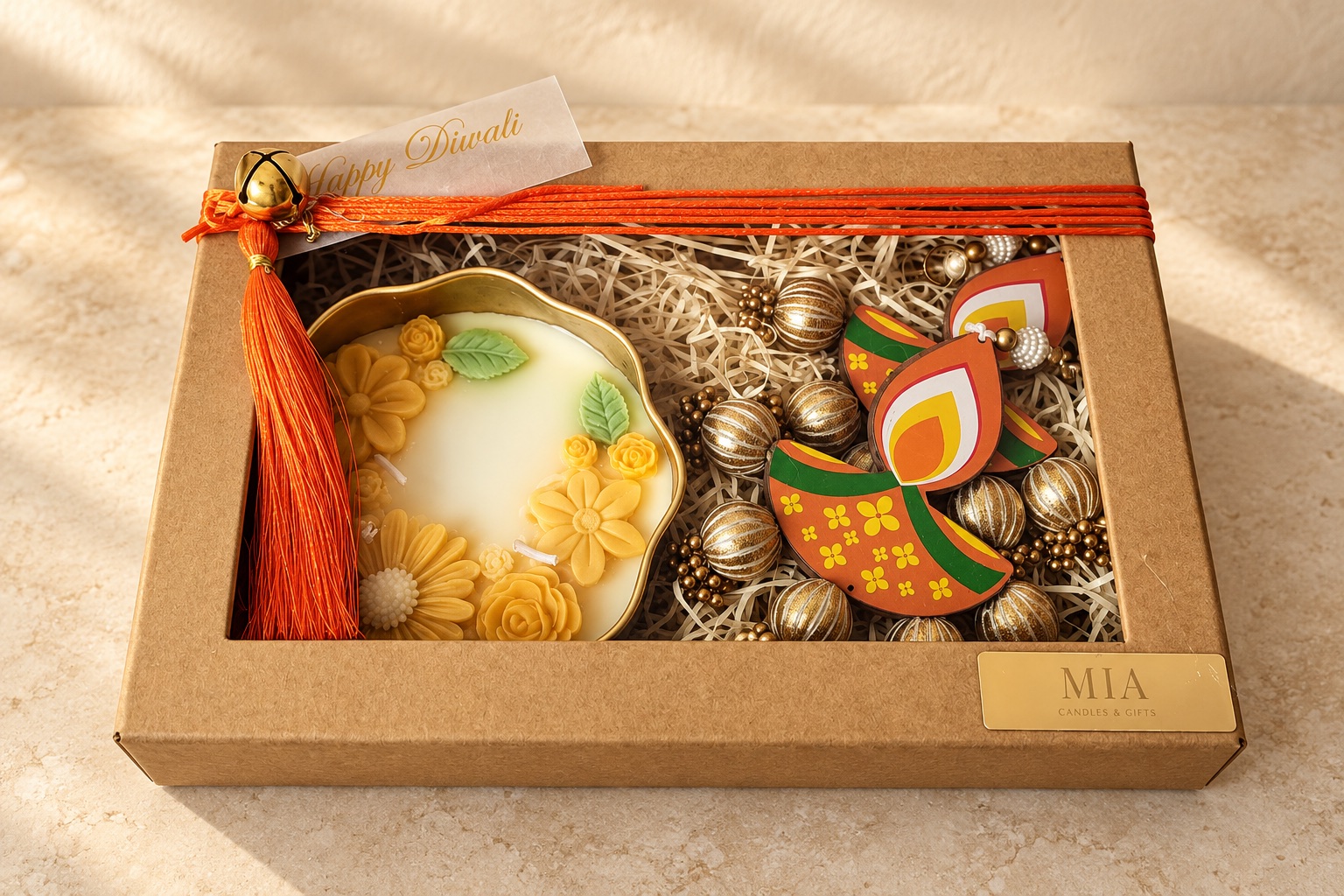 MIA gift box with floral candle, diya decorations and saffron tassel